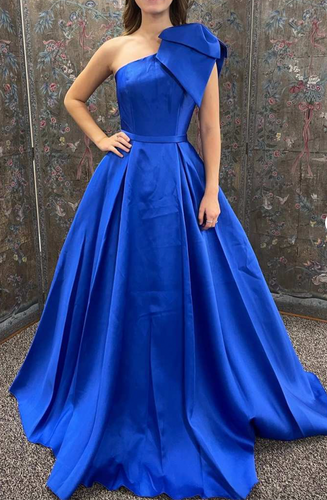 One Shoulder Royal Blue Prom Dresses Evening Gown with Bowknot