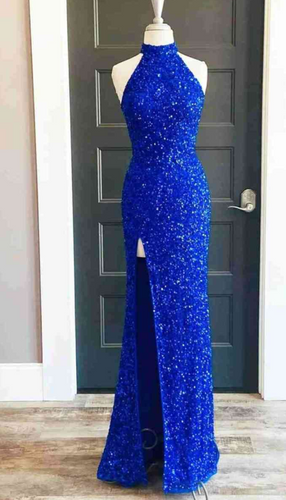 High Neck Royal Blue Prom Dresses Slit Side