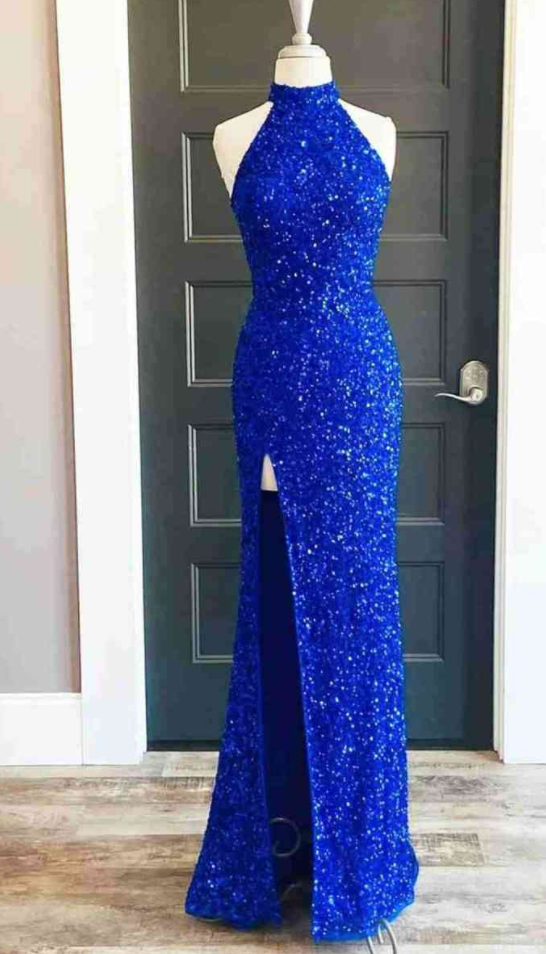 High Neck Royal Blue Prom Dresses Slit Side