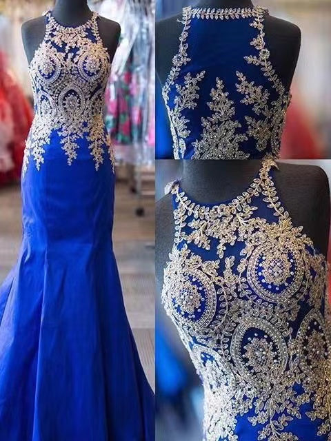 Royal Blue Prom Dresses with Beaded Appliques