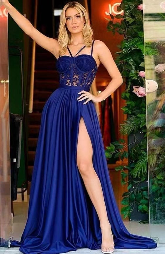 Royal Blue Prom Dresses Slit Side with Lace Appliques