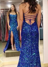 Cargar imagen en el visor de la galería, Royal Blue Criss Cross Prom Dresses Slit