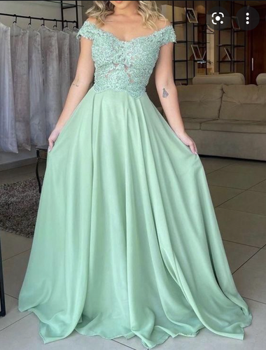 Off Shoulder Light Sage Prom Dresses with Appliqué