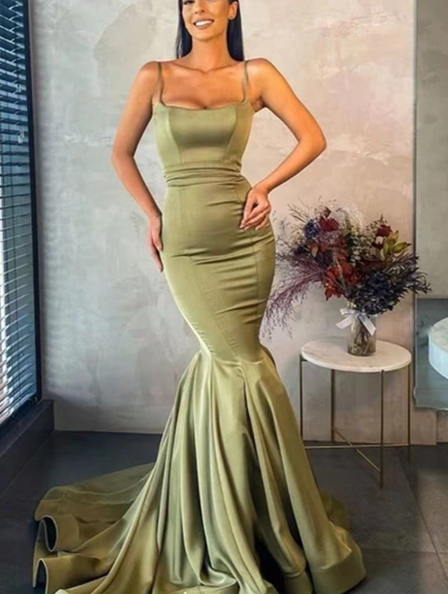 Strap Mermaid Prom Dresses Dark Sage Green