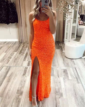 Load image into Gallery viewer, Sequins Orange Prom Dresses Slit Side