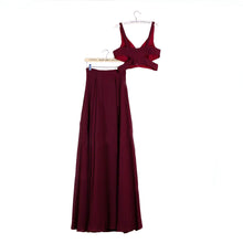 Load image into Gallery viewer, V Neck Two Piece Burgundy Prom Dresses