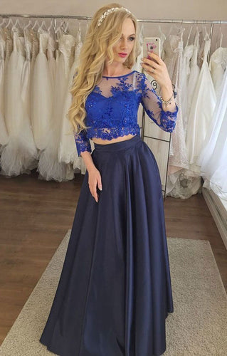 Sexy Two Piece 3/4 Long Sleeves Long Prom Dresses with Appliques Lace