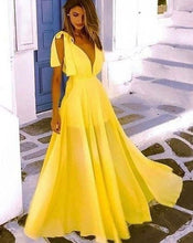 Laden Sie das Bild in den Galerie-Viewer, Sexy V Neck Bowknot on Shoulder Yellow Long Prom Dresses