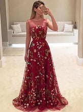 Load image into Gallery viewer, Sheer Neck Burgundy Red Long Prom Dresses with Appliques Flowers