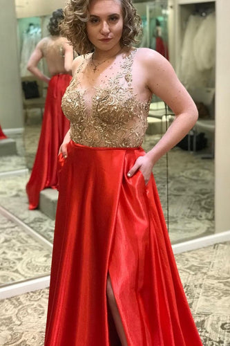 Sheer Neck Split Side Orange Prom Dresses with Gold Appliques