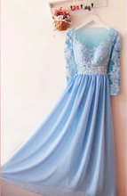 Load image into Gallery viewer, Sheer Neck Prom Dresses Blue Prom Gown with Lace