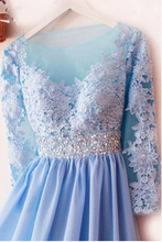 Load image into Gallery viewer, Sheer Neck Prom Dresses Blue Prom Gown with Lace