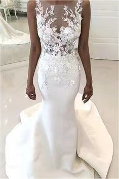 Sheer Neck Wedding Dresses Bridal Gown with Appliques Lace