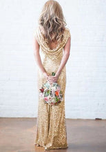 Laden Sie das Bild in den Galerie-Viewer, Gold Bridesmaid Dresses Short Sleeves Backless