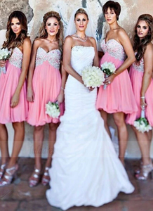 Sweetheart Coral Bridesmaid Dresses Short Length