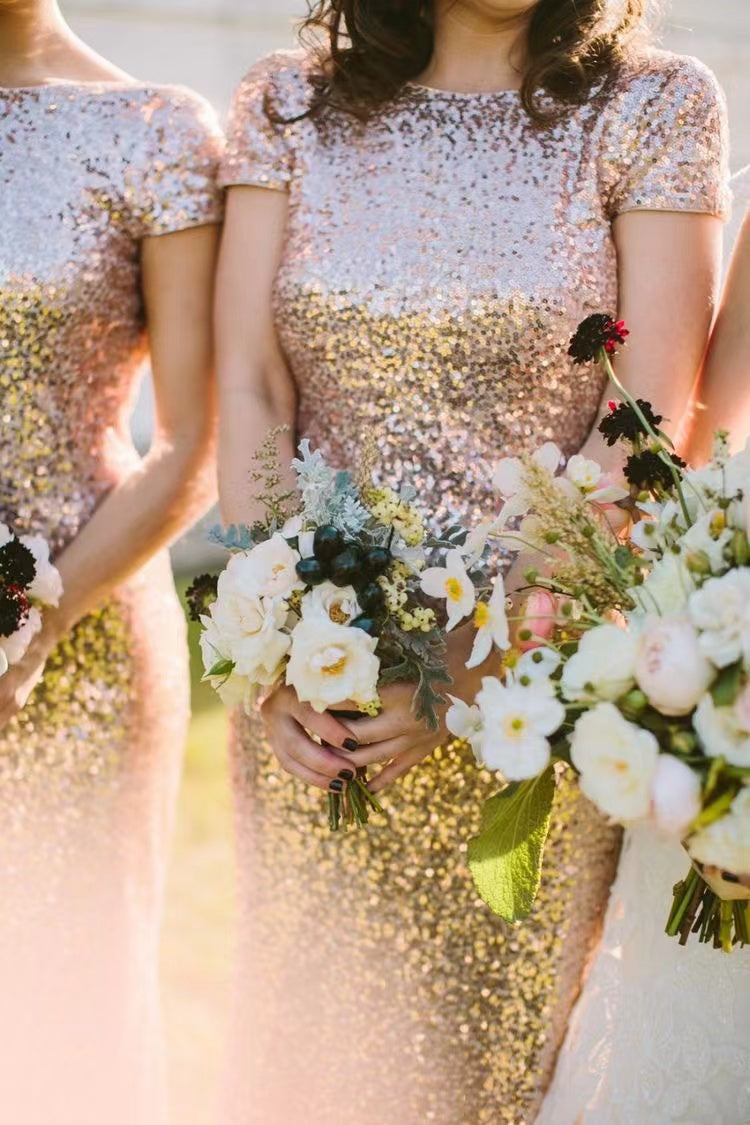 Gold Bridesmaid Dresses Short Sleeves Backless