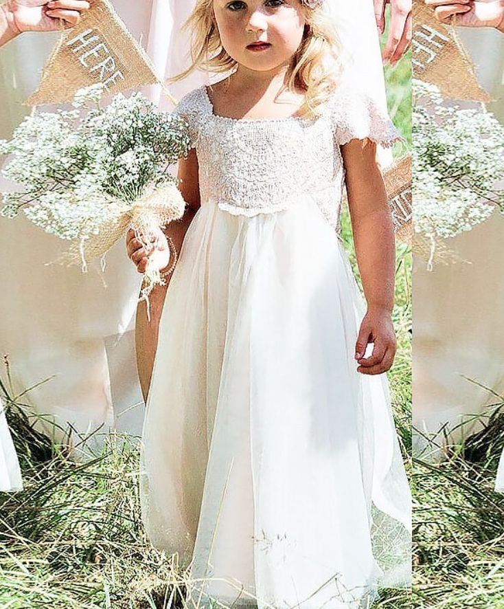 Square Flower Girl Dresses with Short Sleeves