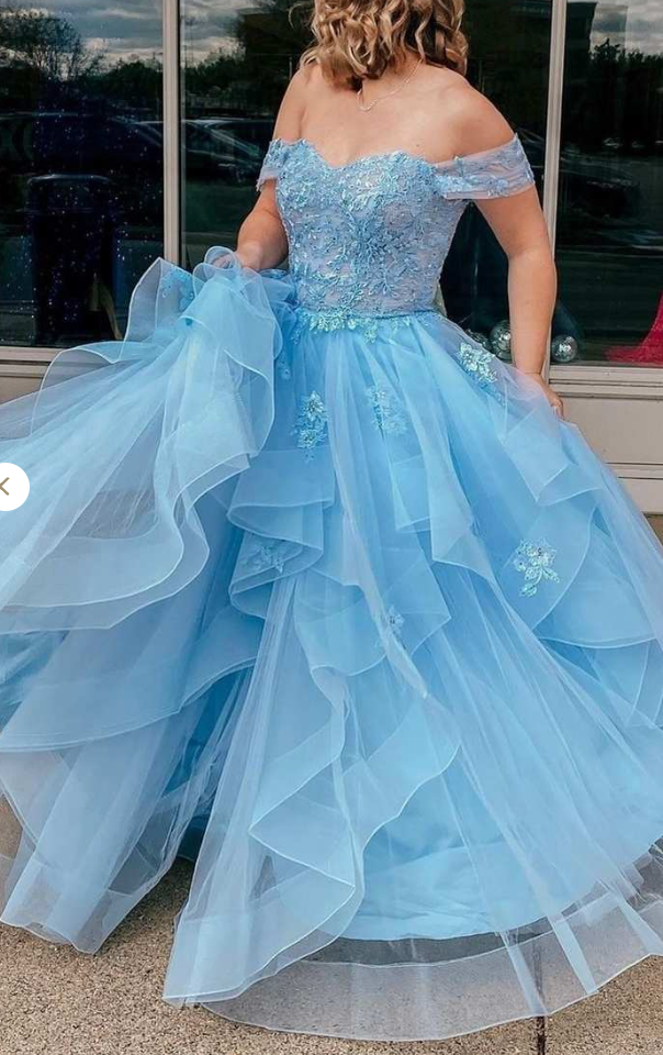 Sky Blue Prom Dresses Evening Gown with Lace Appliques