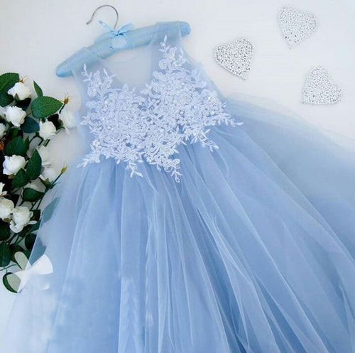 Sheer Neck Sky Blue Flower Girl Dresses with Appliques