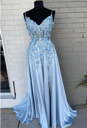 Sky Blue Prom Dresses with Flowers Lace