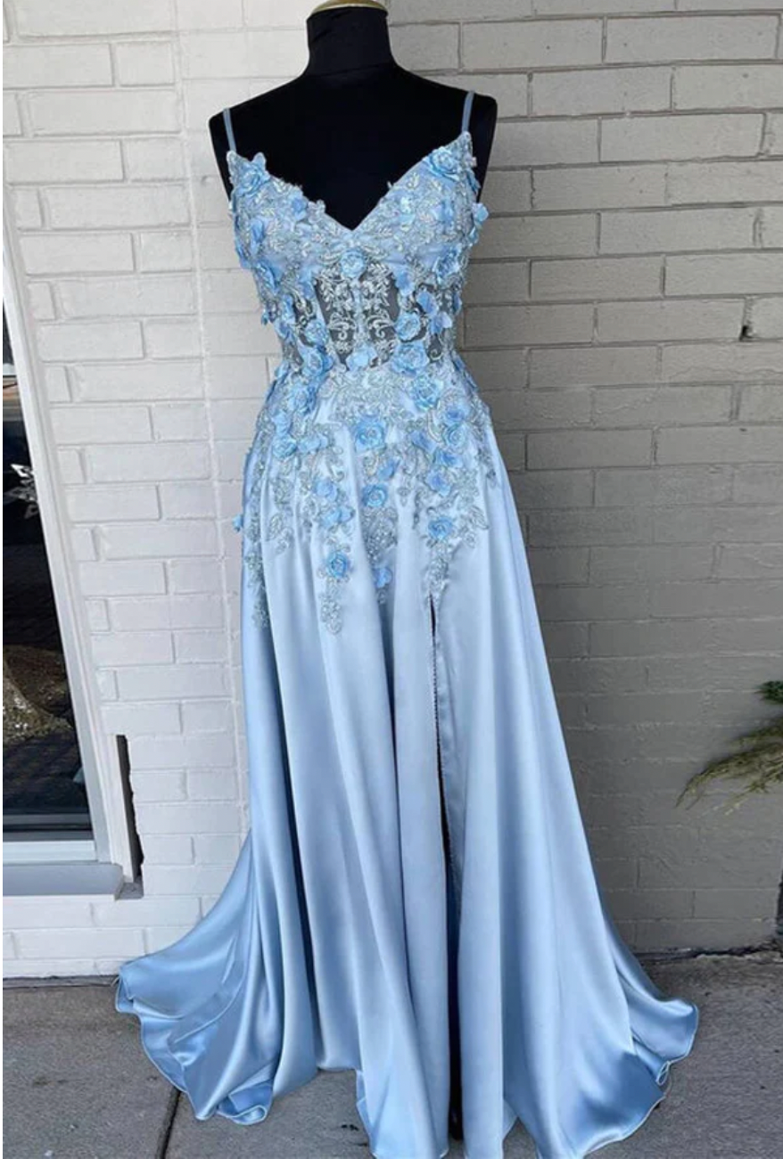 Sky Blue Prom Dresses with Flowers Lace