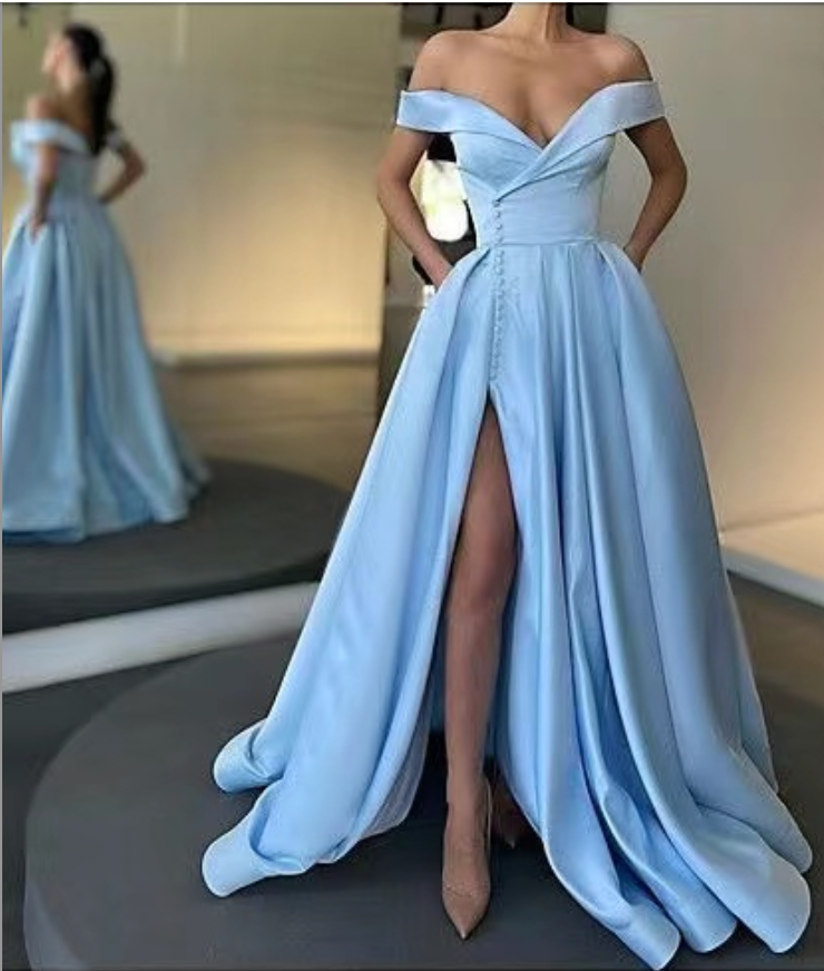 Off the Shoulder Sky Blue Prom Dresses Slit