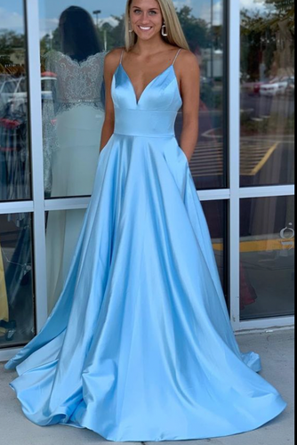 Sky Blue Prom Dresses with Pockets