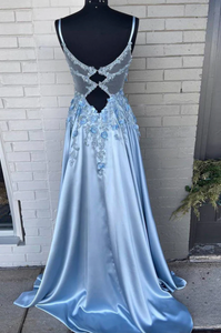 Sky Blue Prom Dresses with Flowers Lace