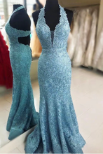 画像をギャラリービューアに読み込む, Sky Blue V Neck Prom Dresses Sheath