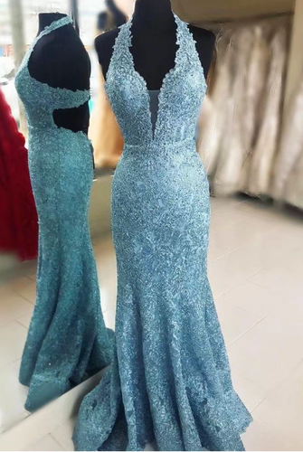 Sky Blue V Neck Prom Dresses Sheath