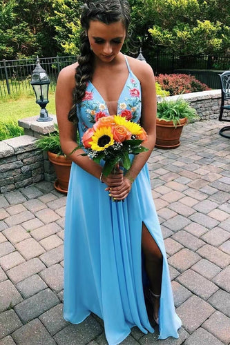 V Neck Prom Dresses Floor Length with Embroidery