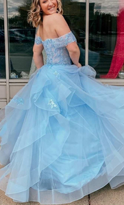 Sky Blue Prom Dresses Evening Gown with Lace Appliques