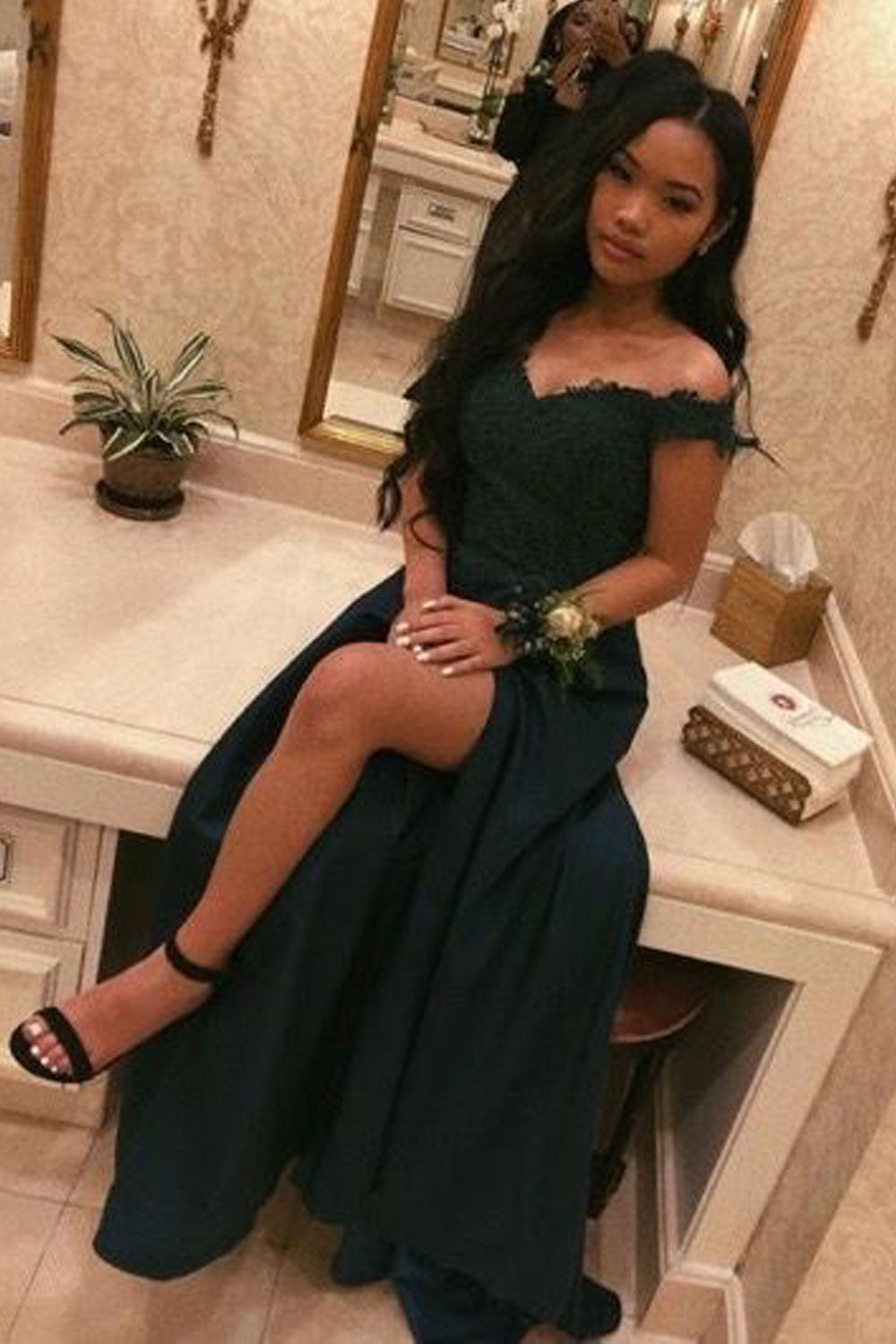 Off the Shoulder Slit Prom Dresses with Appliques