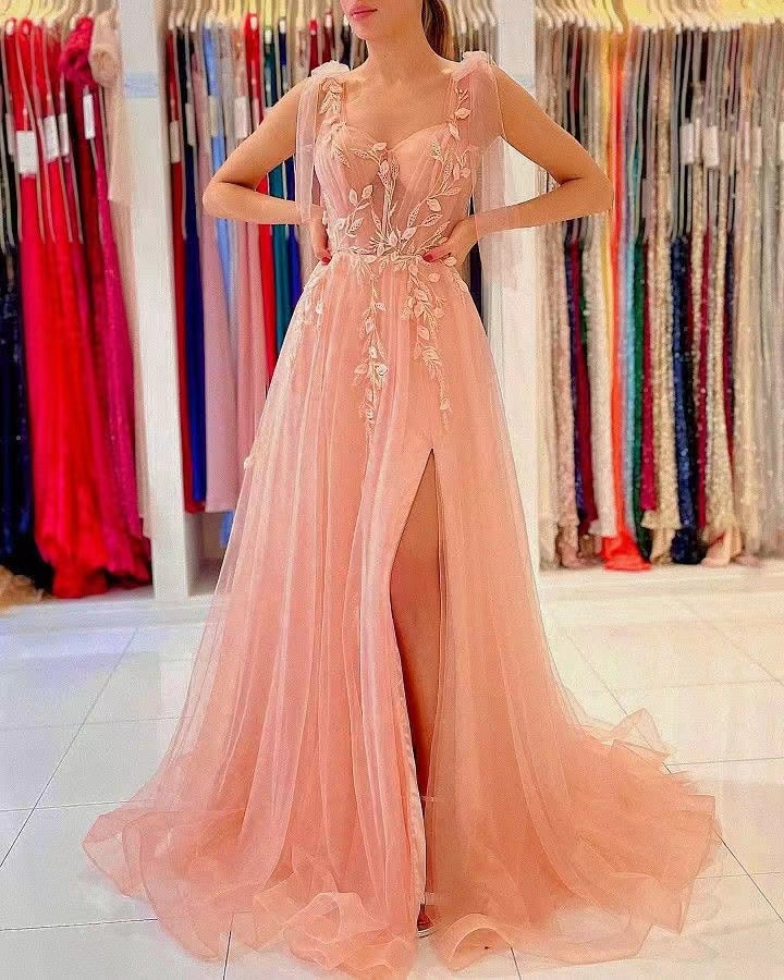 Slit Prom Dresses Tulle with Appliques