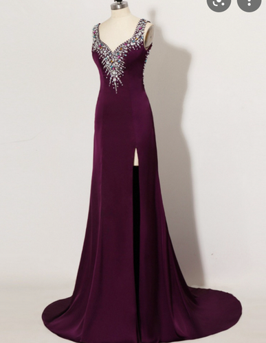 Grape Prom Dresses Slit with Rhinestones