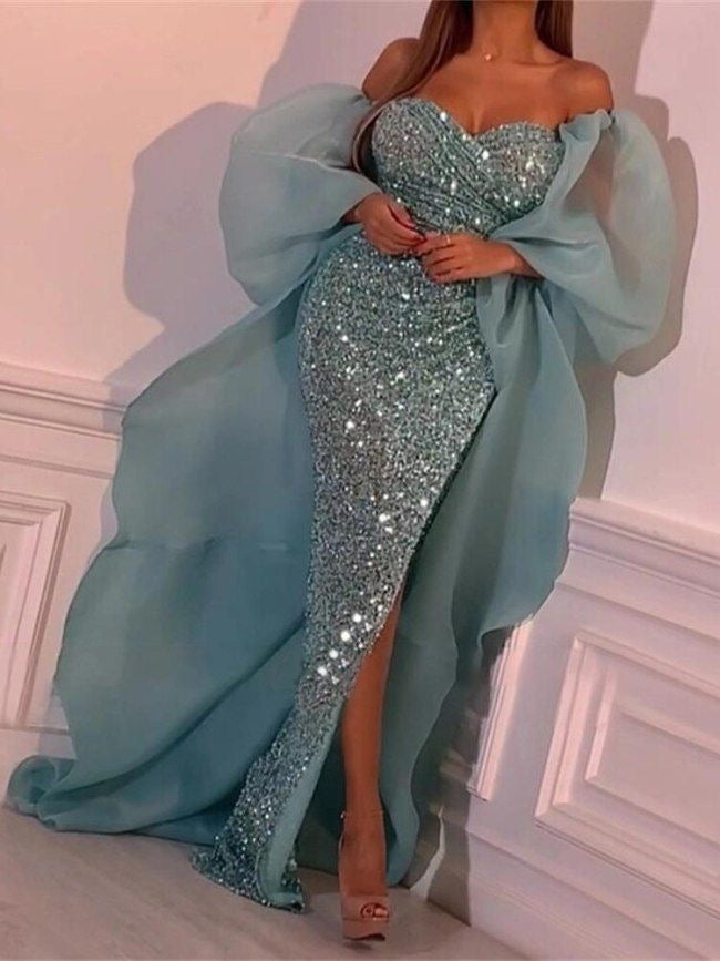 Sparkly Blue Prom Dresses Slit Side