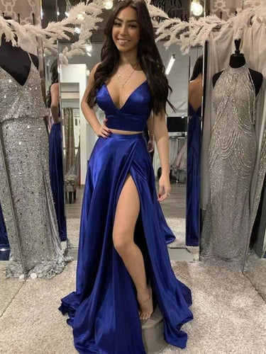 Two Piece Prom Dresses Dark Royal Blue Slit Side