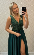 Load image into Gallery viewer, V Neck Prom Dresses Dark Green Slit Side with Rhinestones