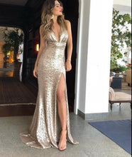 Load image into Gallery viewer, Gold Sequined Prom Dresses Floor Length