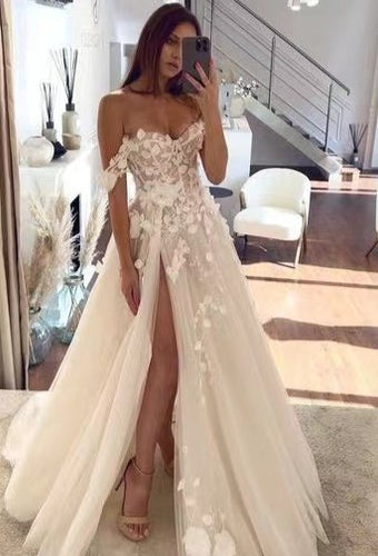 Off Shoulder Wedding Dresses Bridal Gown with Slit Side