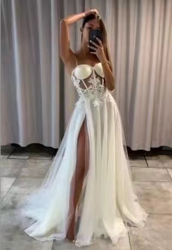 Sexy Spaghetti Straps Wedding Dresses Bridal Gown with Slit Side