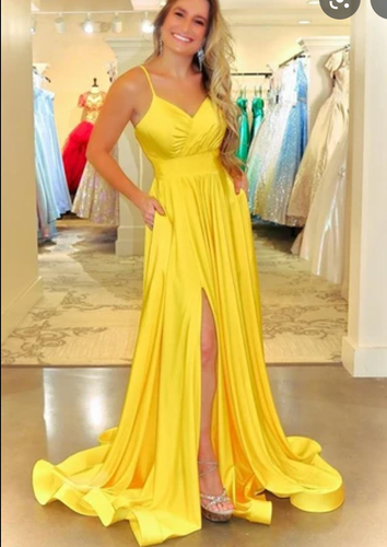 Spaghetti Straps Slit Prom Dresses Yellow