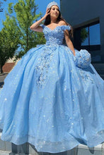 Charger l&#39;image dans la galerie, Sparkly Off Shoulder Prom Dresses Birthday Gown with Handmade Flowers