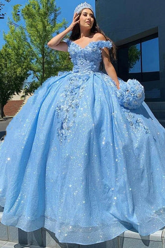 Sparkly Off Shoulder Prom Dresses Birthday Gown with Handmade Flowers