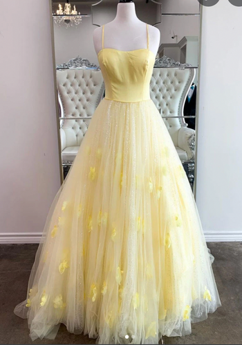 Spaghetti Straps Yellow Prom Dresses