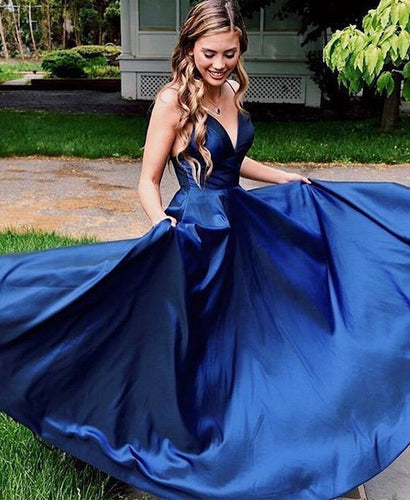 Spaghetti Straps Navy Blue Long Prom Dresses for Women