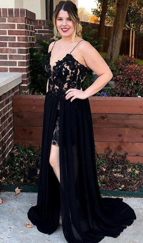 Sexy Spaghetti Straps Split Side Long Prom Dresses with Lace