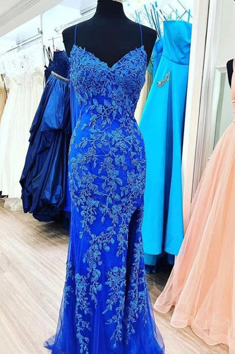 Spaghetti Straps Royal Blue Prom Dresses with Lace Appliques