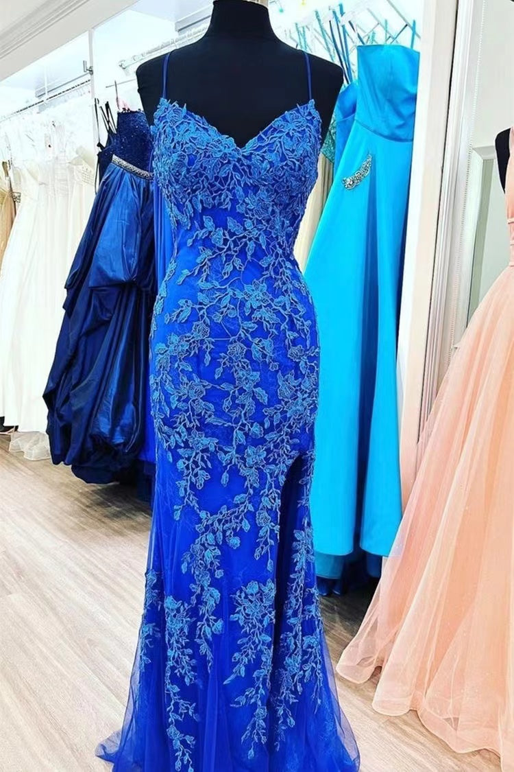 Spaghetti Straps Royal Blue Prom Dresses with Lace Appliques