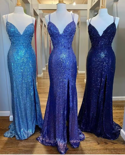 Double Spaghetti Straps Prom Dresses Slit